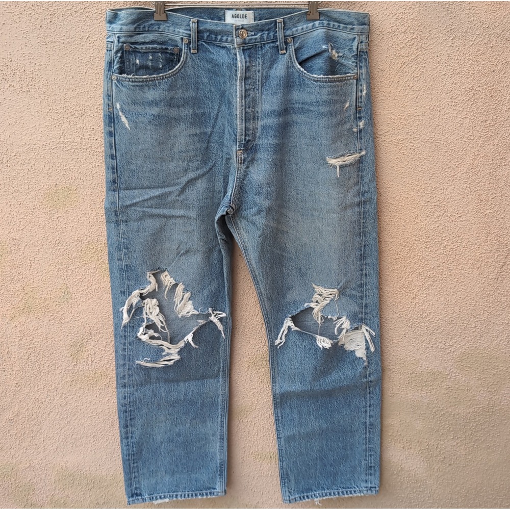AGOLDE Womens 90's Mid Rise Loose Fit Jeans 33 Blue Distressed Cotton Denim
